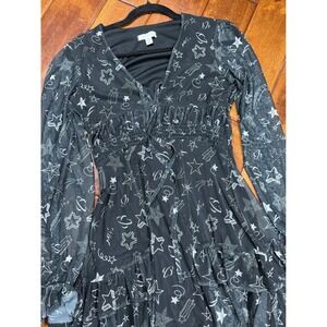 TOPSHOP Black Mesh Star Print Long Sleeve Mini Dress US 4